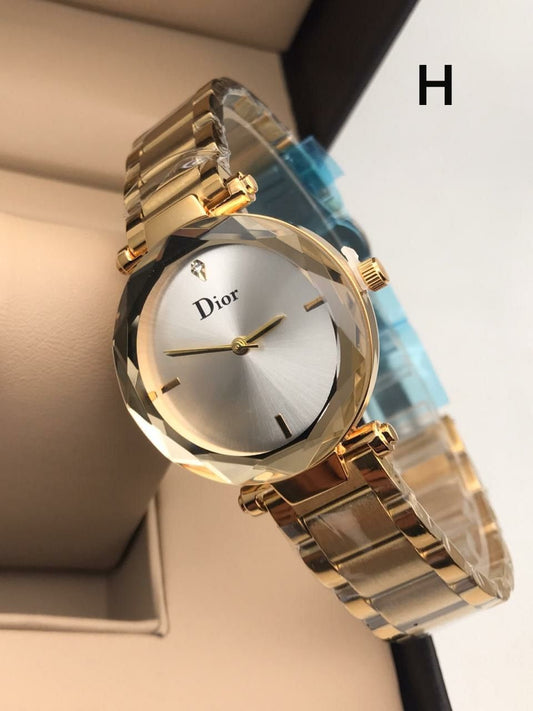 D_ior Women's Watch With White Dial Gold Bezel Metal Chain