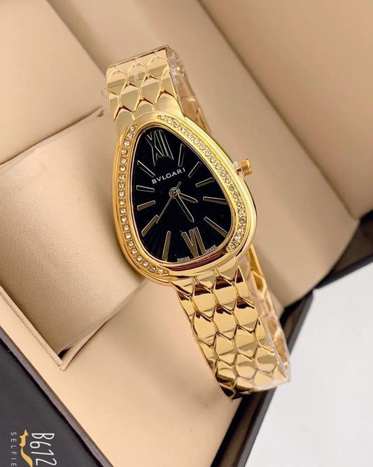 B_vlgari Gold Metal Strap Black Dial Watch For Women