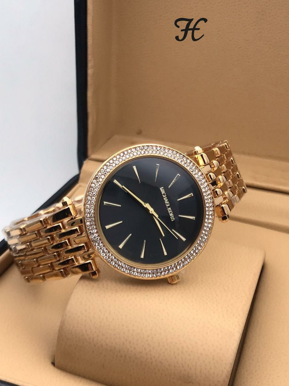 M_ichael K_ors Diamond Studded Black Dial Gold Metal Strap Watch For Women