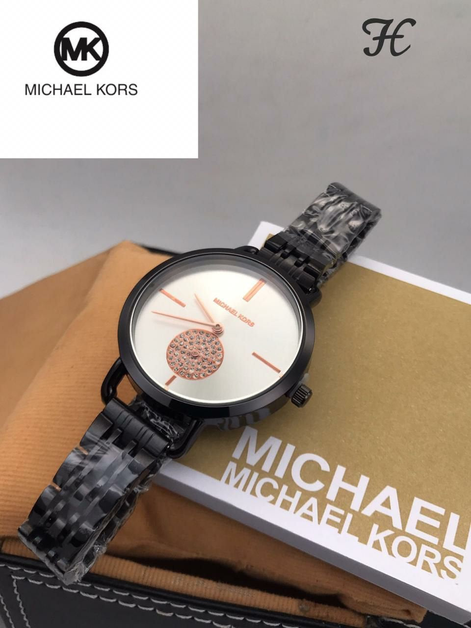 M_ichael K_ors Black Metal Strap Diamond Watch For Women