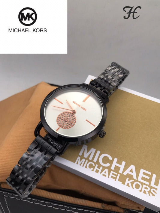 M_ichael K_ors Black Metal Strap Diamond Watch For Women