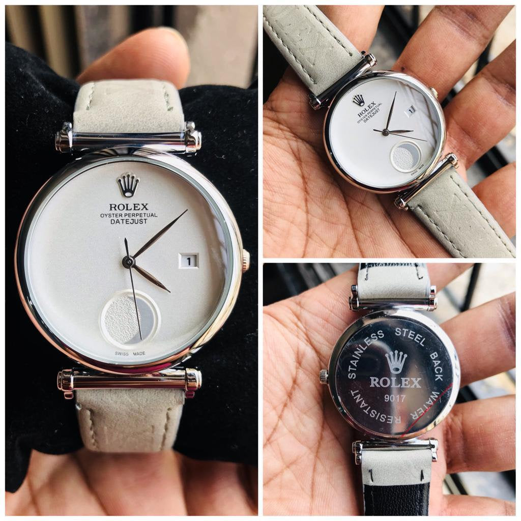 Ro_le_x Moon White Dial Analog Leather Strap Watch For Women