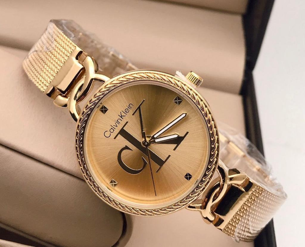C_alvin K_lein Gold Full Metal Diamond Stud Women’s Watch