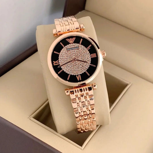 E_mporio A_rmani Rose Gold Metal Belt Diamond Studded Watch For Women